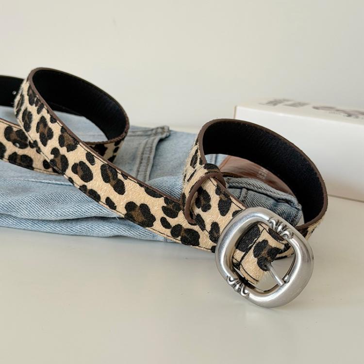 Leopard Print Mohair Leather Belt with Metal Buckle - 105cm