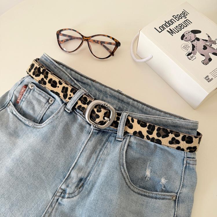 Leopard Print Mohair Leather Belt with Metal Buckle - 105cm