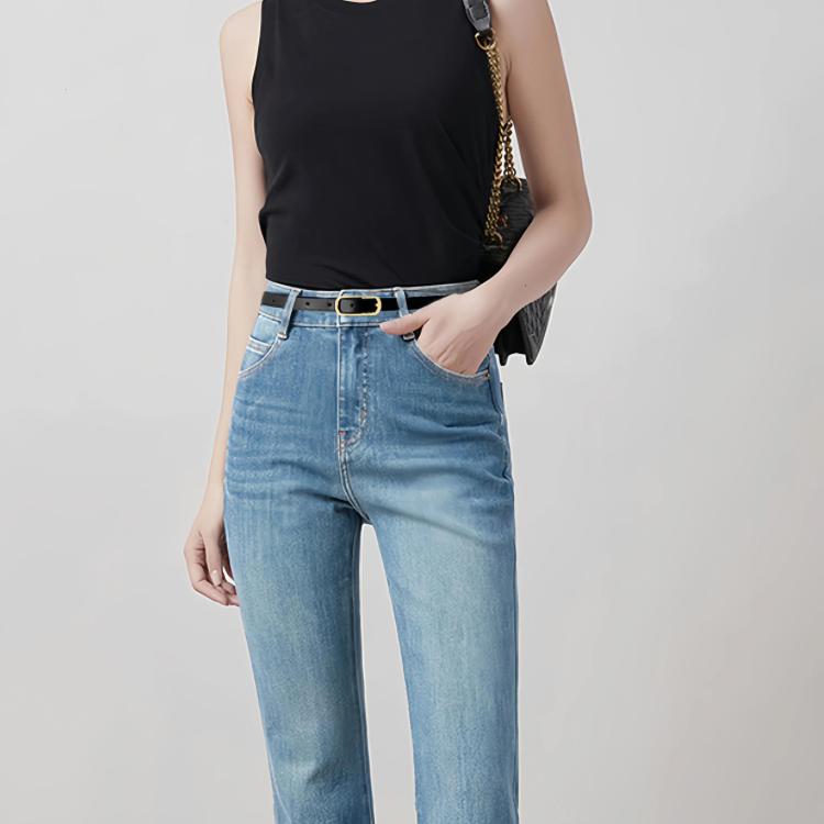 Women Dress-Embellished Denim PU Thin Belt, Color: Black - 105cm