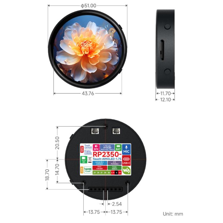 WAVESHARE RP2350 1.75-Inch AMOLED Screen Development Board, Version: With Case