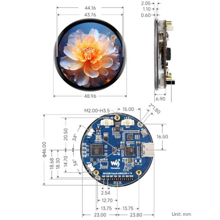 WAVESHARE RP2350 1.75-Inch AMOLED Screen Development Board, Version: With GPS
