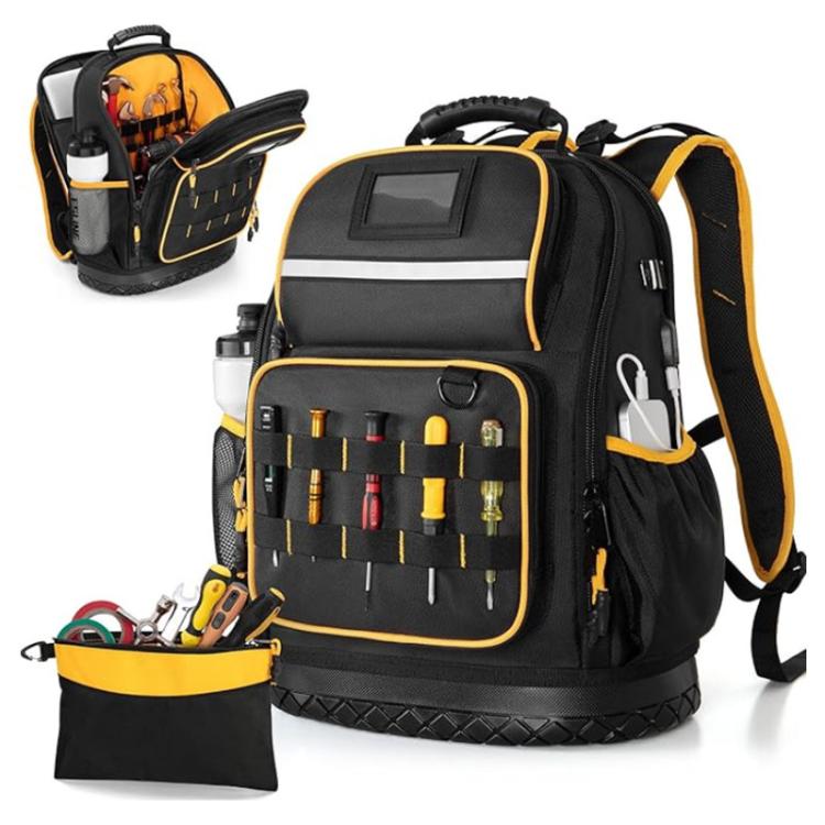 Oxford Cloth Tool Backpack With Rubber Base Multiple Pockets & 15.6-Inch Laptop Compartment - Black