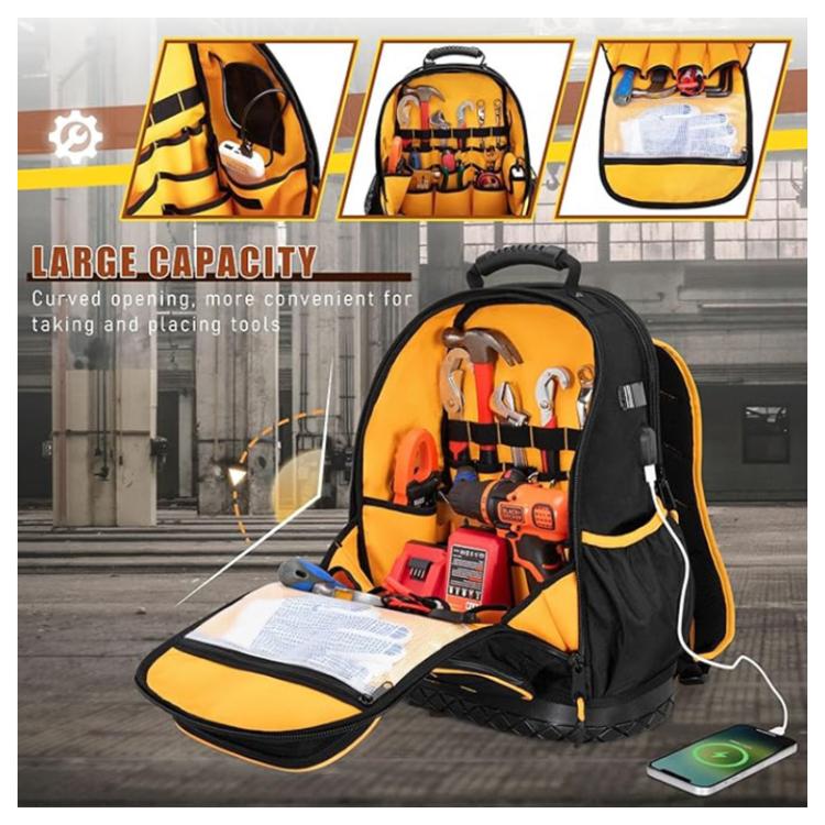 Oxford Cloth Tool Backpack With Rubber Base Multiple Pockets & 15.6-Inch Laptop Compartment - Black