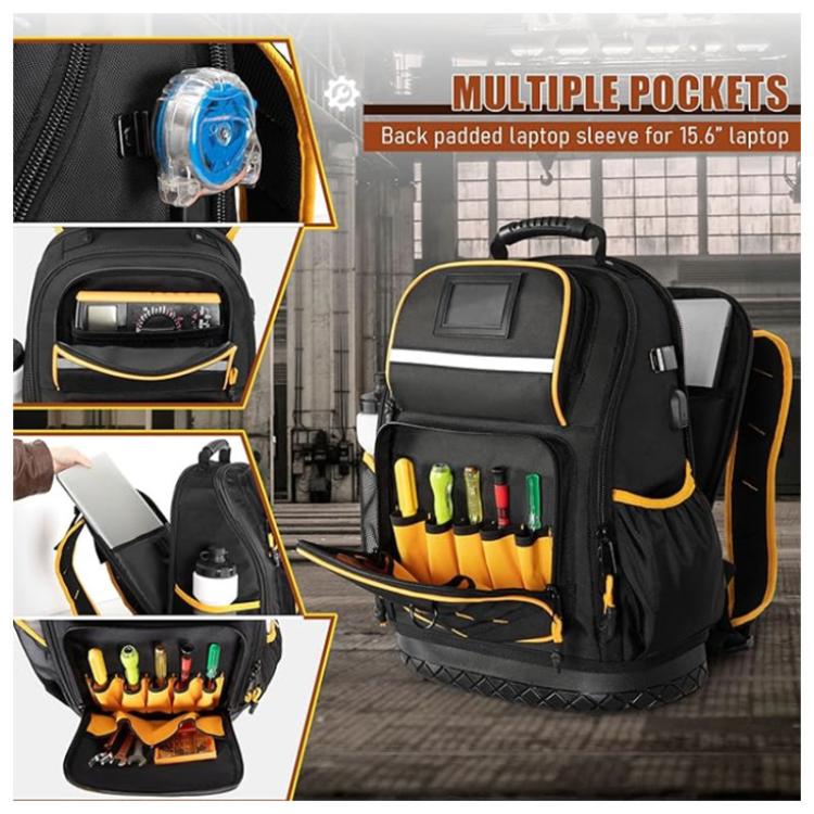 Oxford Cloth Tool Backpack With Rubber Base Multiple Pockets & 15.6-Inch Laptop Compartment - Black