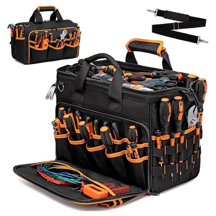 17-inch Heavy-Duty Tool Bag Portable Tote with 46-Pocket Organization, Non-Slip Rubber Base & Shoulder Strap - Black