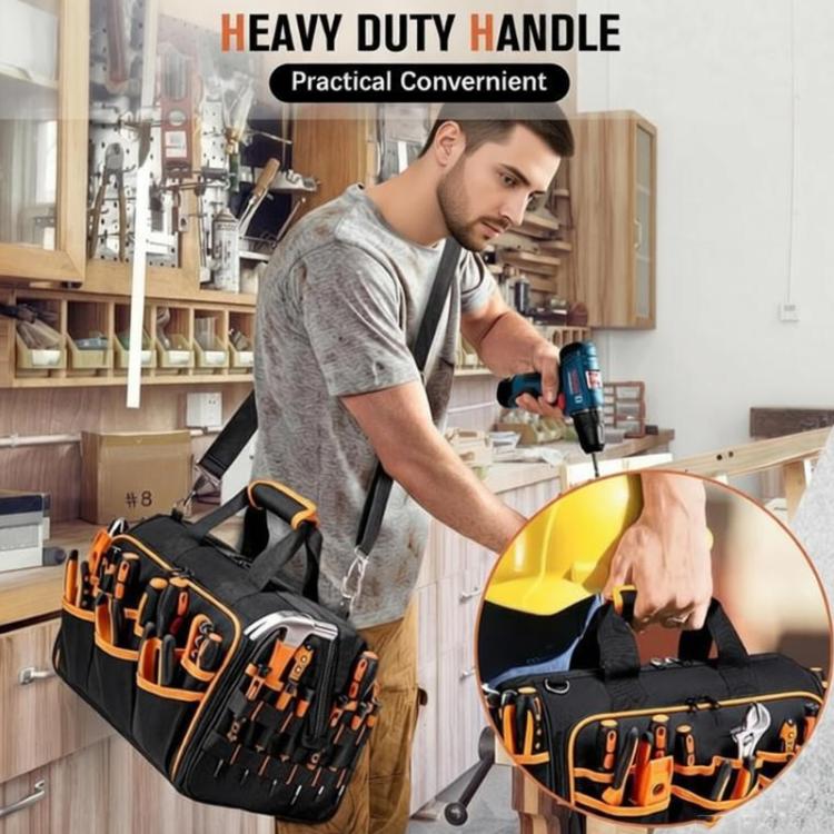 17-inch Heavy-Duty Tool Bag Portable Tote with 46-Pocket Organization, Non-Slip Rubber Base & Shoulder Strap - Black
