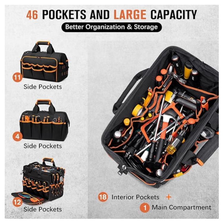 17-inch Heavy-Duty Tool Bag Portable Tote with 46-Pocket Organization, Non-Slip Rubber Base & Shoulder Strap - Black