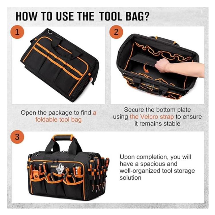 17-inch Heavy-Duty Tool Bag Portable Tote with 46-Pocket Organization, Non-Slip Rubber Base & Shoulder Strap - Black