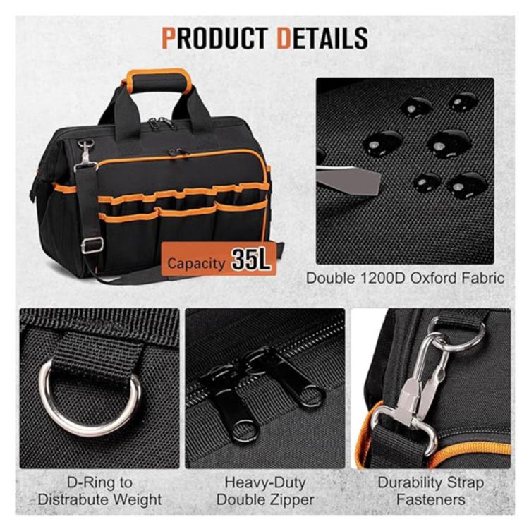 17-inch Heavy-Duty Tool Bag Portable Tote with 46-Pocket Organization, Non-Slip Rubber Base & Shoulder Strap - Black
