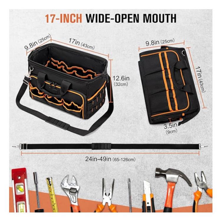 17-inch Heavy-Duty Tool Bag Portable Tote with 46-Pocket Organization, Non-Slip Rubber Base & Shoulder Strap - Black