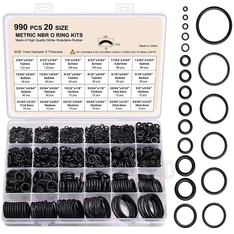 990pcs /Set NBR O-Ring Kit 20 Sizes Metric Nitrile Rubber Sealing Rings for High Pressure Washer, Automotive, Plumbing & Industrial Seals - Black