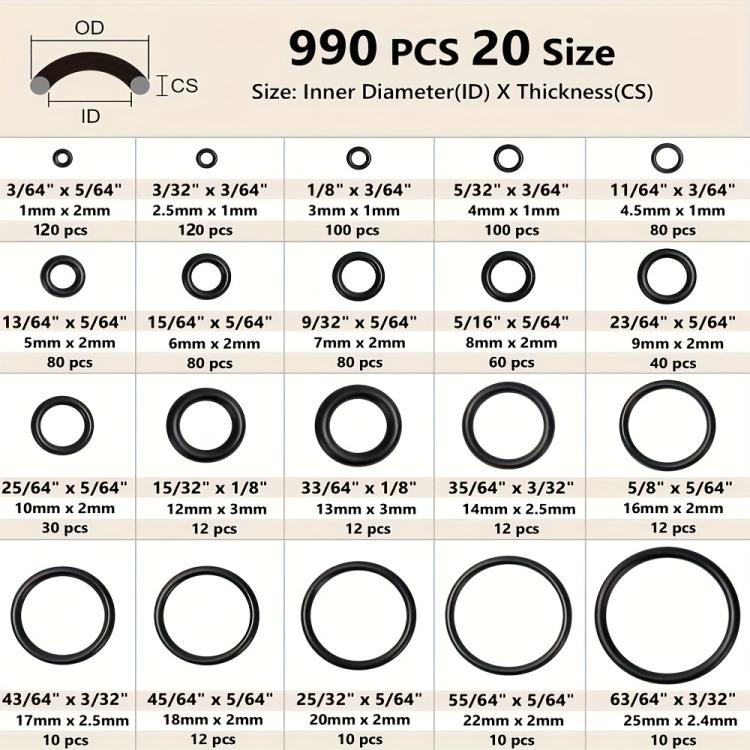 990pcs /Set NBR O-Ring Kit 20 Sizes Metric Nitrile Rubber Sealing Rings for High Pressure Washer, Automotive, Plumbing & Industrial Seals - Black