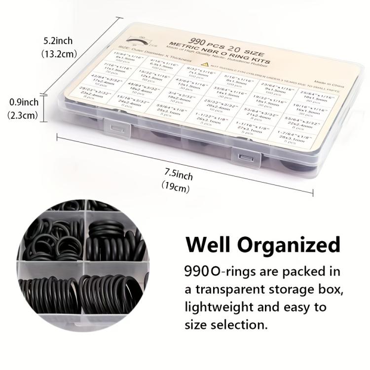 990pcs /Set NBR O-Ring Kit 20 Sizes Metric Nitrile Rubber Sealing Rings for High Pressure Washer, Automotive, Plumbing & Industrial Seals - Black