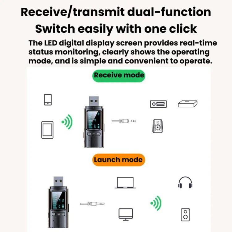 GT72 Bluetooth 5.4 Audio Adapter With Digital Display Portable Receiver & Transmitter