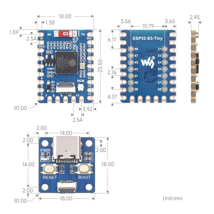 Waveshare  ESP32-S3-Tiny-N8R8-Kit Mini Development Board Dual-Core Processor, 240MHz Running Frequency