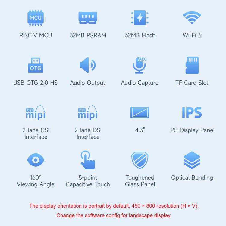 Waveshare ESP32-P4-WIFI6 4.3inch Development Board, 480 × 800 Resolution, 5-Point Touch, Onboard Audio Codec Chip With OV5647 Camera