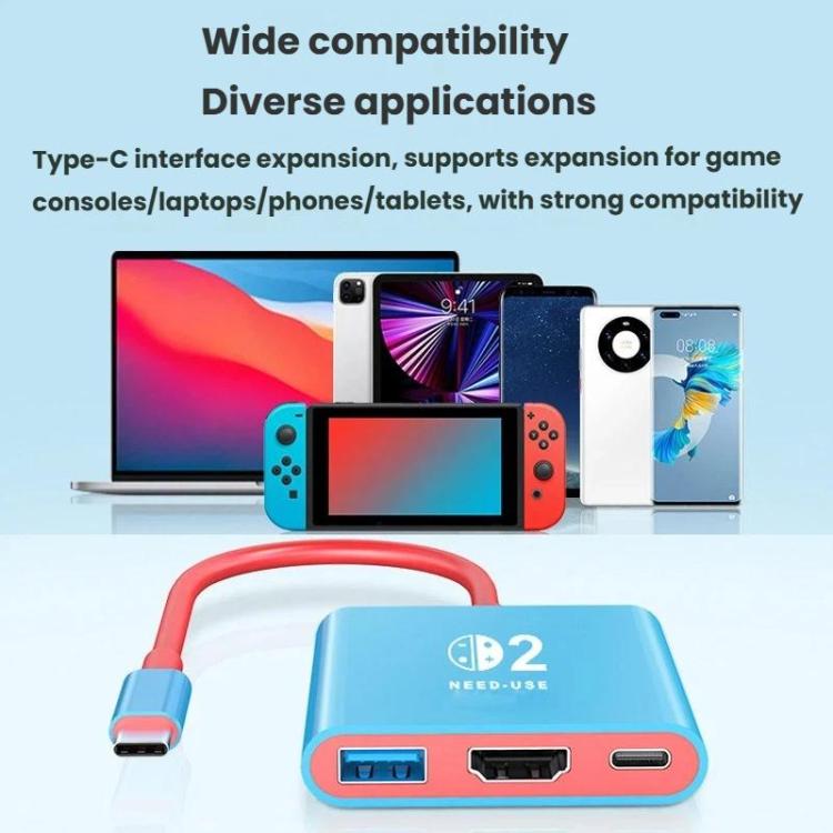 For Nintendo Switch 2 Type-C To USB 3.0+HDMI+Type-C 3 In 1 Docking Station HDR Portable Multi-Function Large-Screen Adapter