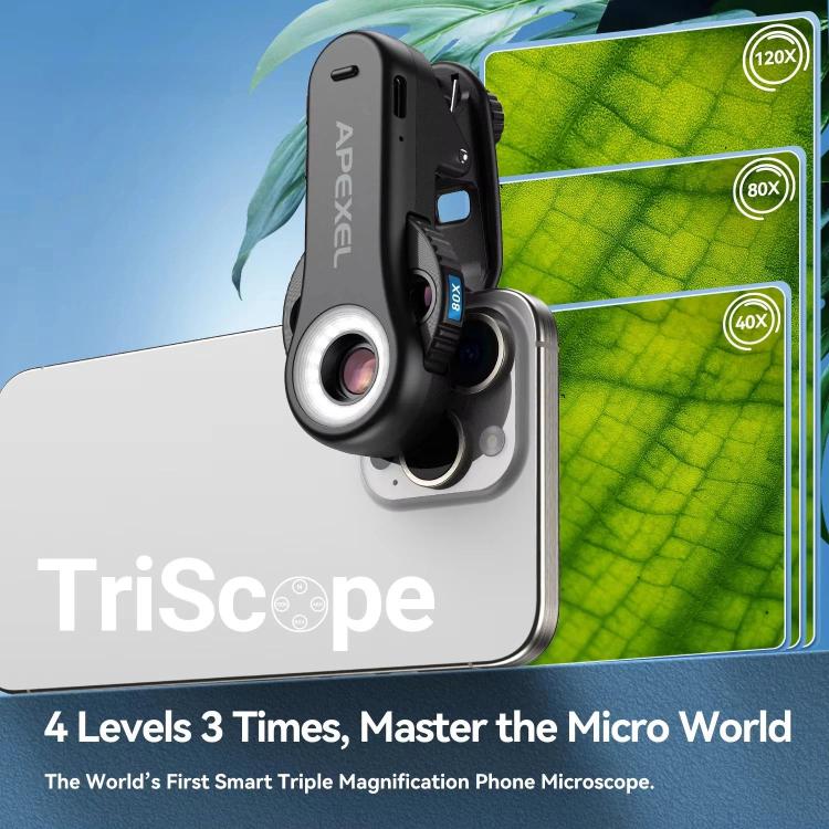APEXEL TriScope 40X-80X-120X Phone Microscope with Dual-Temperature LED & UV Lighting - Black