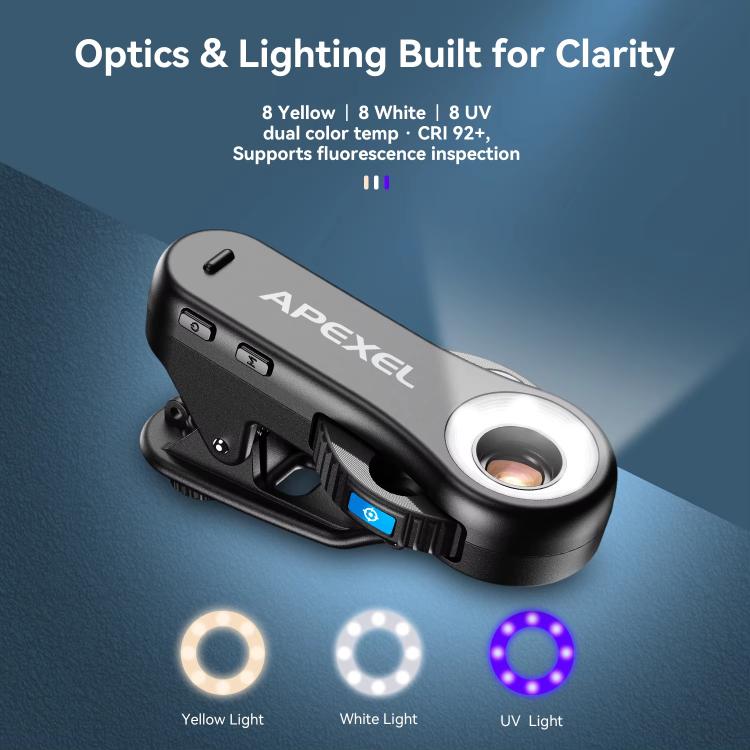 APEXEL TriScope 40X-80X-120X Phone Microscope with Dual-Temperature LED & UV Lighting - Black