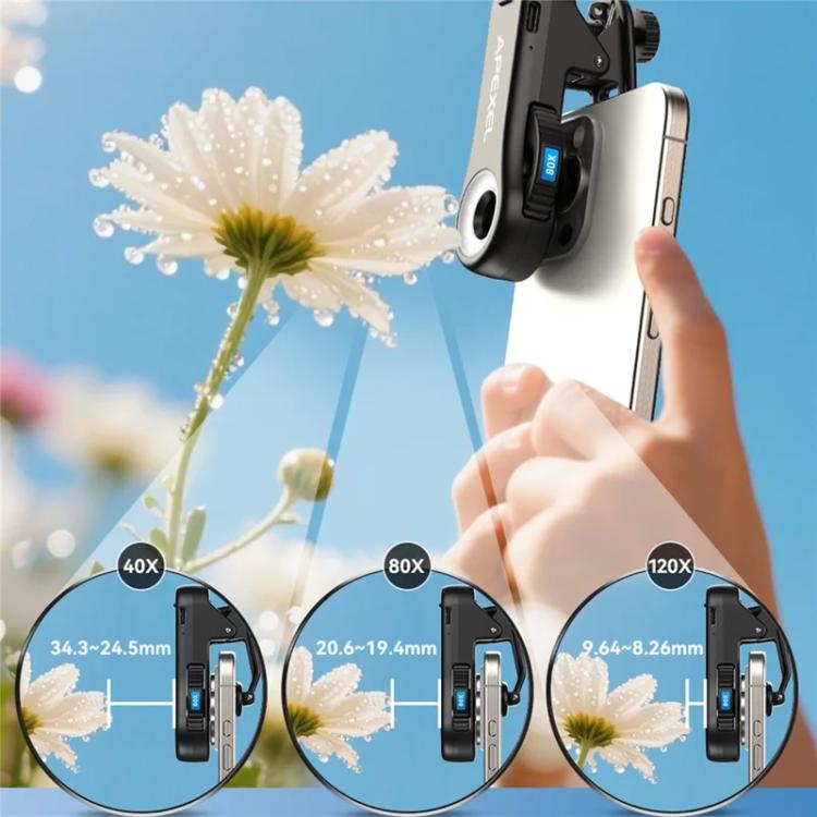 APEXEL TriScope 40X-80X-120X Phone Microscope with Dual-Temperature LED & UV Lighting - Black
