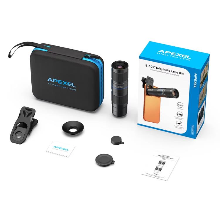 APEXEL TeleZoom 5–10X Zoom Telephoto Lens Kit for Smartphone with All-in-One Universal Clip