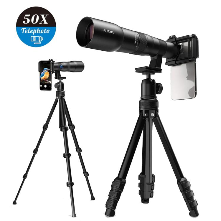 APEXEL TeleCular 50x Telephoto Lens Kit for Smartphone with 360-degree Ball Head Tripod & Internal Focus - Black