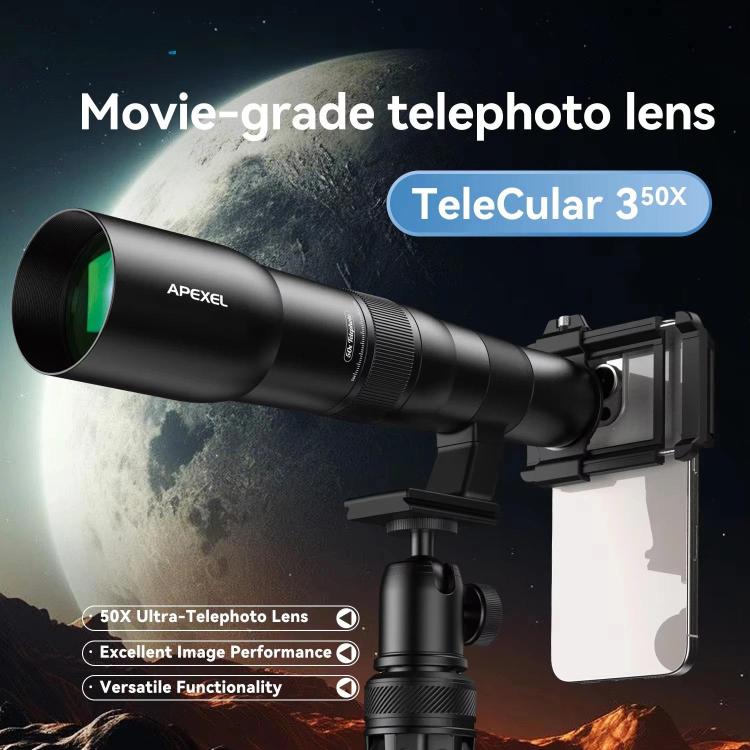 APEXEL TeleCular 50x Telephoto Lens Kit for Smartphone with 360-degree Ball Head Tripod & Internal Focus - Black