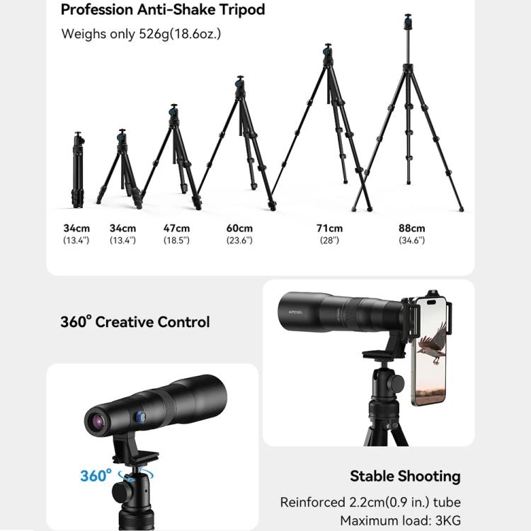 APEXEL TeleCular 50x Telephoto Lens Kit for Smartphone with 360-degree Ball Head Tripod & Internal Focus - Black
