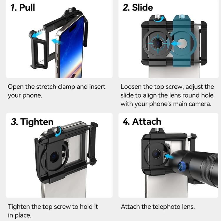 APEXEL TeleCular 50x Telephoto Lens Kit for Smartphone with 360-degree Ball Head Tripod & Internal Focus - Black