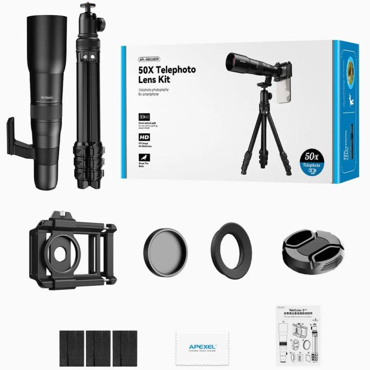 APEXEL TeleCular 50x Telephoto Lens Kit for Smartphone with 360-degree Ball Head Tripod & Internal Focus - Black