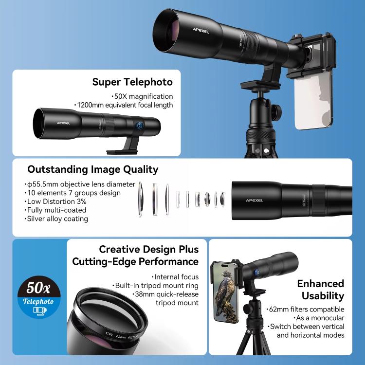APEXEL TeleCular 50x Telephoto Lens Kit for Smartphone with 360-degree Ball Head Tripod & Internal Focus - Black