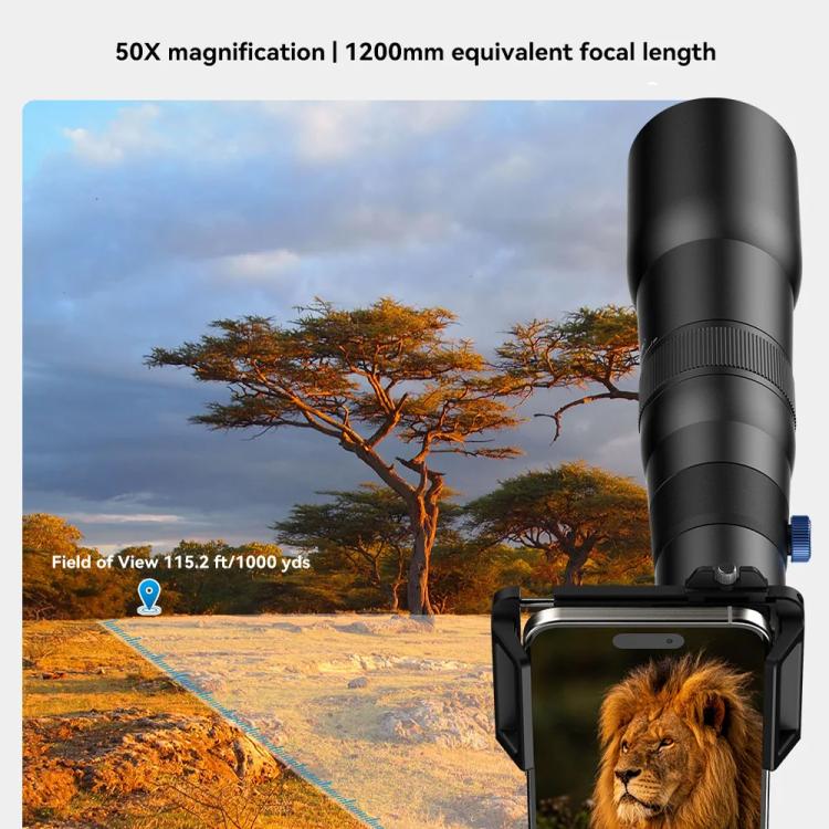 APEXEL TeleCular 50x Telephoto Lens Kit for Smartphone with 360-degree Ball Head Tripod & Internal Focus - Black