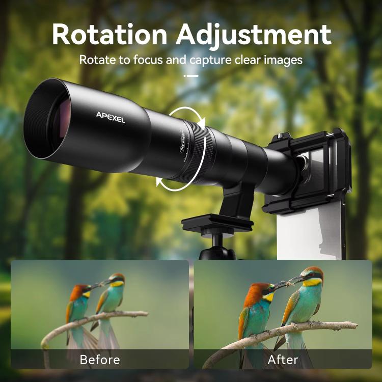 APEXEL TeleCular 50x Telephoto Lens Kit for Smartphone with 360-degree Ball Head Tripod & Internal Focus - Black