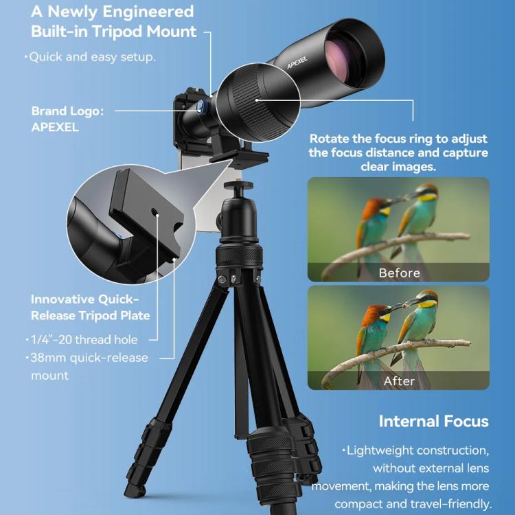 APEXEL TeleCular 50x Telephoto Lens Kit for Smartphone with 360-degree Ball Head Tripod & Internal Focus - Black