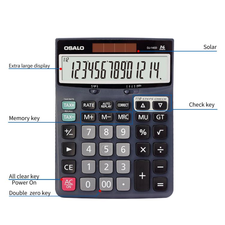 OSALO DJ-140D  Check & Correction Calculator 14 Digits with 112-Step Review Solar Power for Office Accounting and Finance