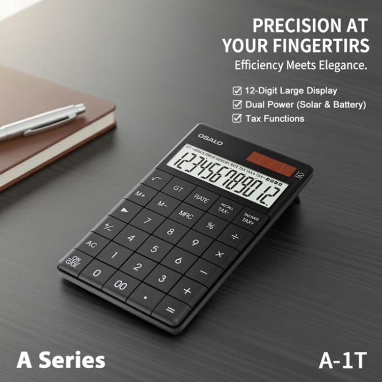 OSALO  A-1T  Tax Calculator with 12-Digit Display, Flip-Up Stand & Solar/ Button Battery Dual Power