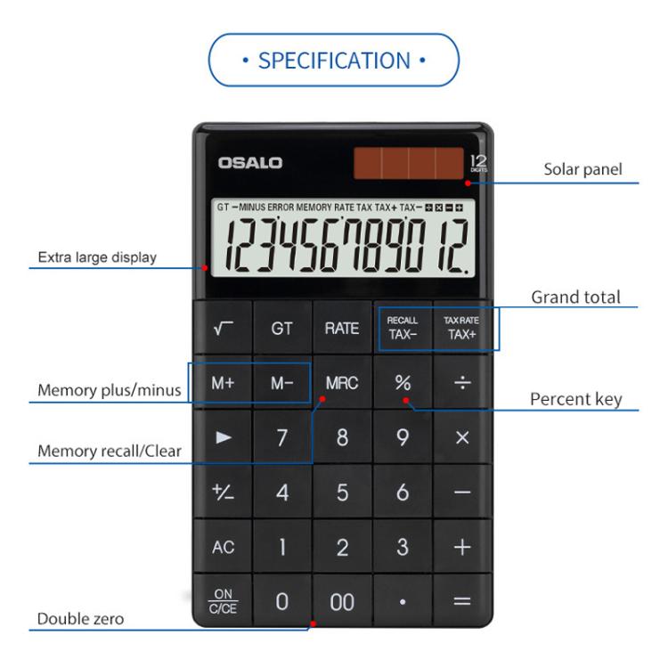 OSALO  A-1T  Tax Calculator with 12-Digit Display, Flip-Up Stand & Solar/ Button Battery Dual Power