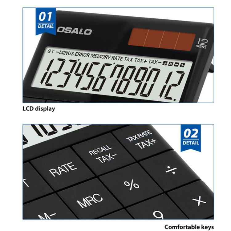 OSALO  A-1T  Tax Calculator with 12-Digit Display, Flip-Up Stand & Solar/ Button Battery Dual Power