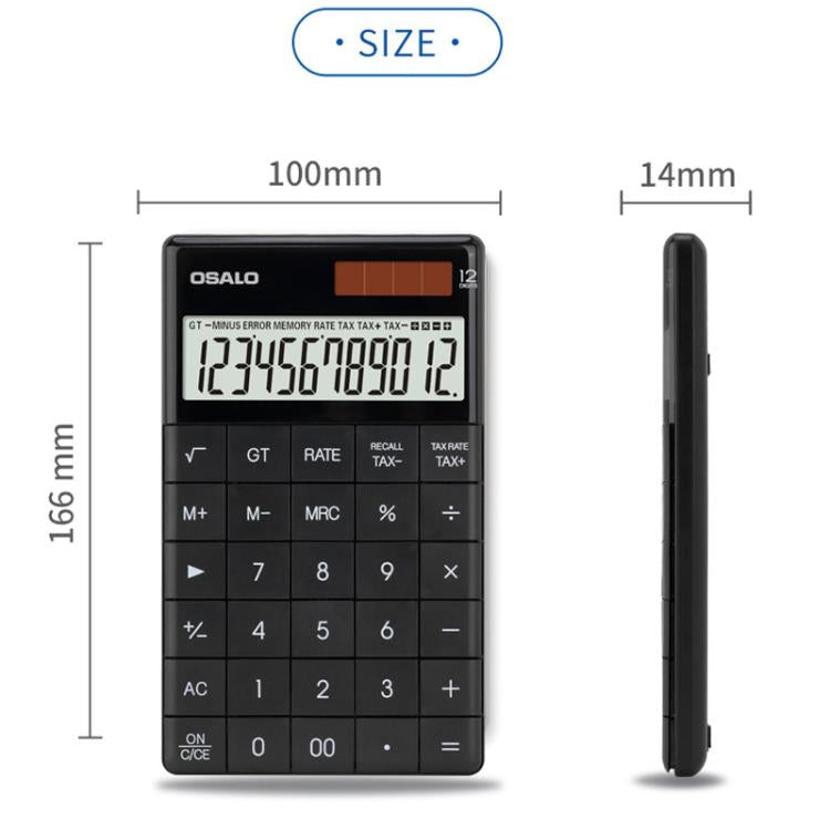 OSALO  A-1T  Tax Calculator with 12-Digit Display, Flip-Up Stand & Solar/ Button Battery Dual Power