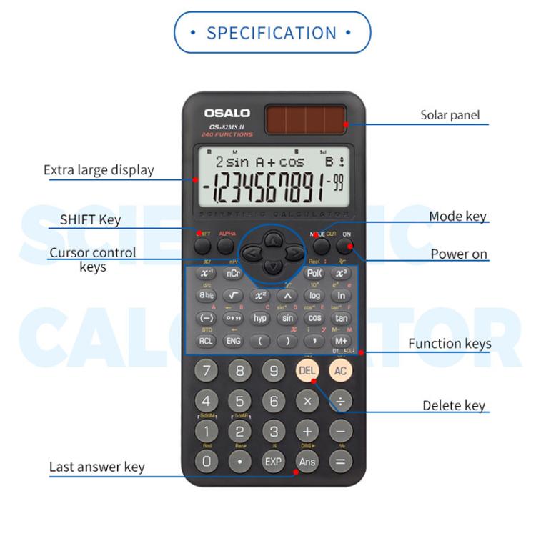 OSALO  OS-82ES PLUS II 240-Function Scientific Calculator Solar Powered with 10+2 Digit Display - Black