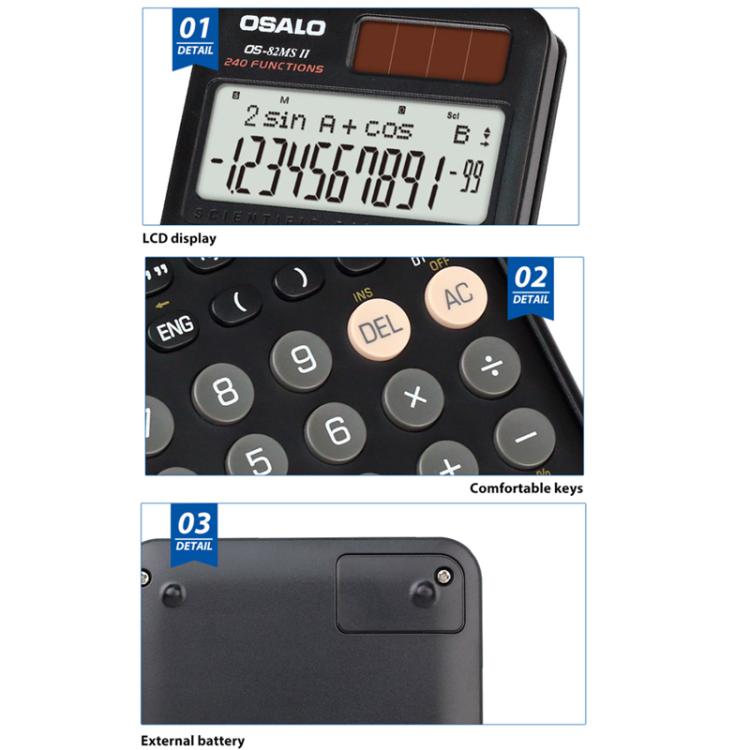 OSALO  OS-82ES PLUS II 240-Function Scientific Calculator Solar Powered with 10+2 Digit Display - Black