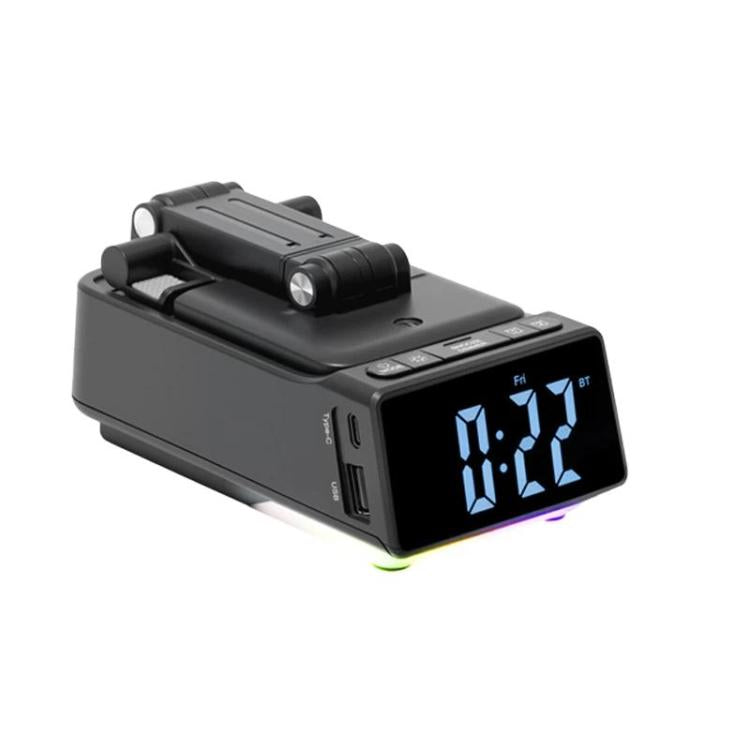 3 in 1 Desktop Folding Adjustable Phone Stand with Bluetooth Speaker Alarm Clock - Black