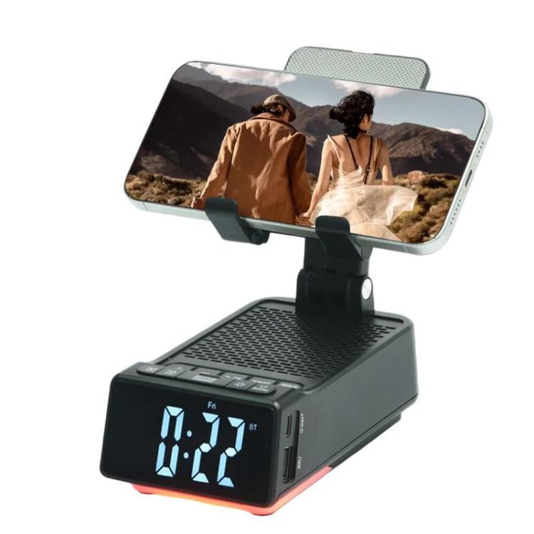 3 in 1 Desktop Folding Adjustable Phone Stand with Bluetooth Speaker Alarm Clock - Black