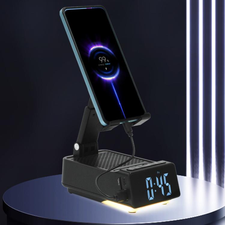 3 in 1 Desktop Folding Adjustable Phone Stand with Bluetooth Speaker Alarm Clock - Black