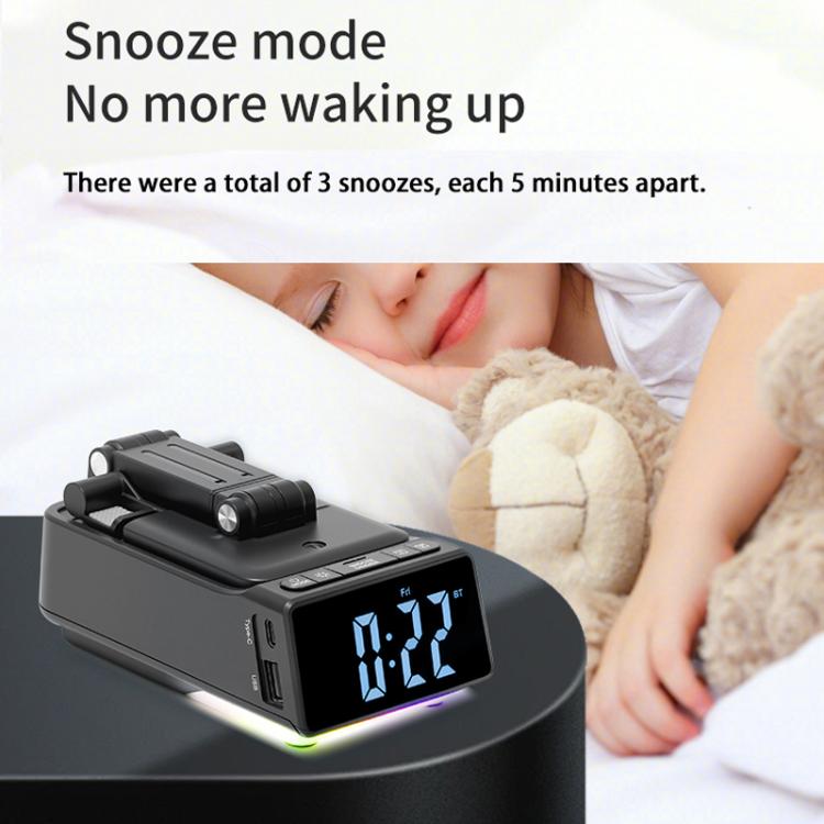 3 in 1 Desktop Folding Adjustable Phone Stand with Bluetooth Speaker Alarm Clock - Black