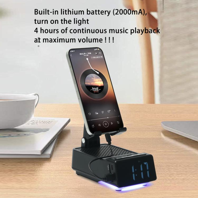 3 in 1 Desktop Folding Adjustable Phone Stand with Bluetooth Speaker Alarm Clock - Black