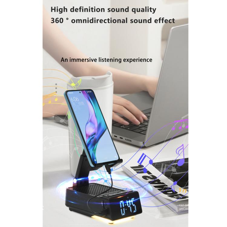 3 in 1 Desktop Folding Adjustable Phone Stand with Bluetooth Speaker Alarm Clock - Black