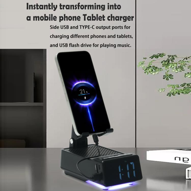 3 in 1 Desktop Folding Adjustable Phone Stand with Bluetooth Speaker Alarm Clock - Black