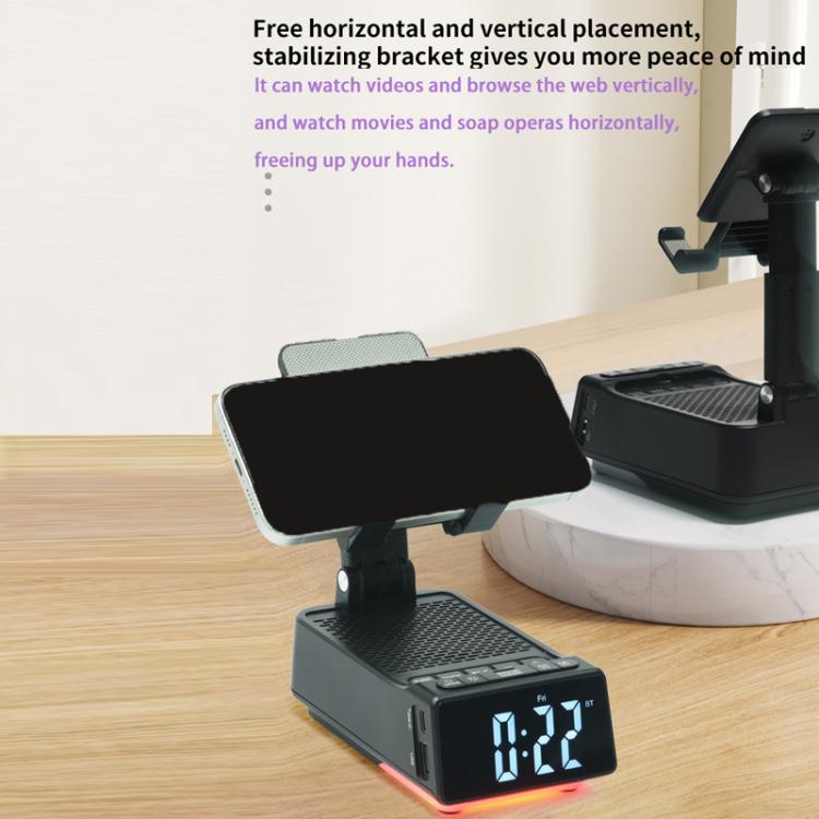 3 in 1 Desktop Folding Adjustable Phone Stand with Bluetooth Speaker Alarm Clock - Black