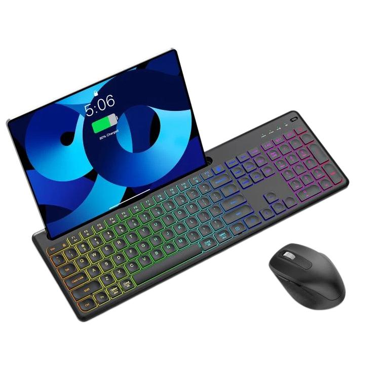 2.4G & Bluetooth  Wireless Keyboard and Mouse Set with Phone/Tablet Slot RGB Backlit Rechargeable Keyboard Mouse Combo